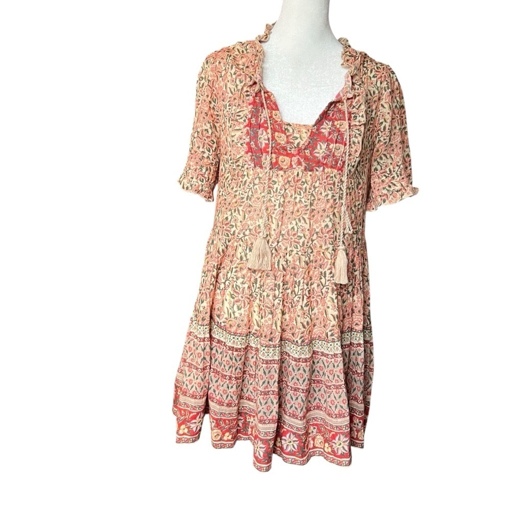 SUNDANCE Flowy Boho Floral Mini Dress w/ Embroidered Bodice & Tassel Ties Sz PXS